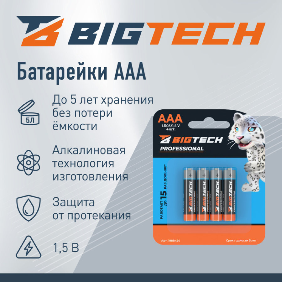 Батарейка AAA мизинчиковая BigTech Professional (4 штуки в упаковке)
