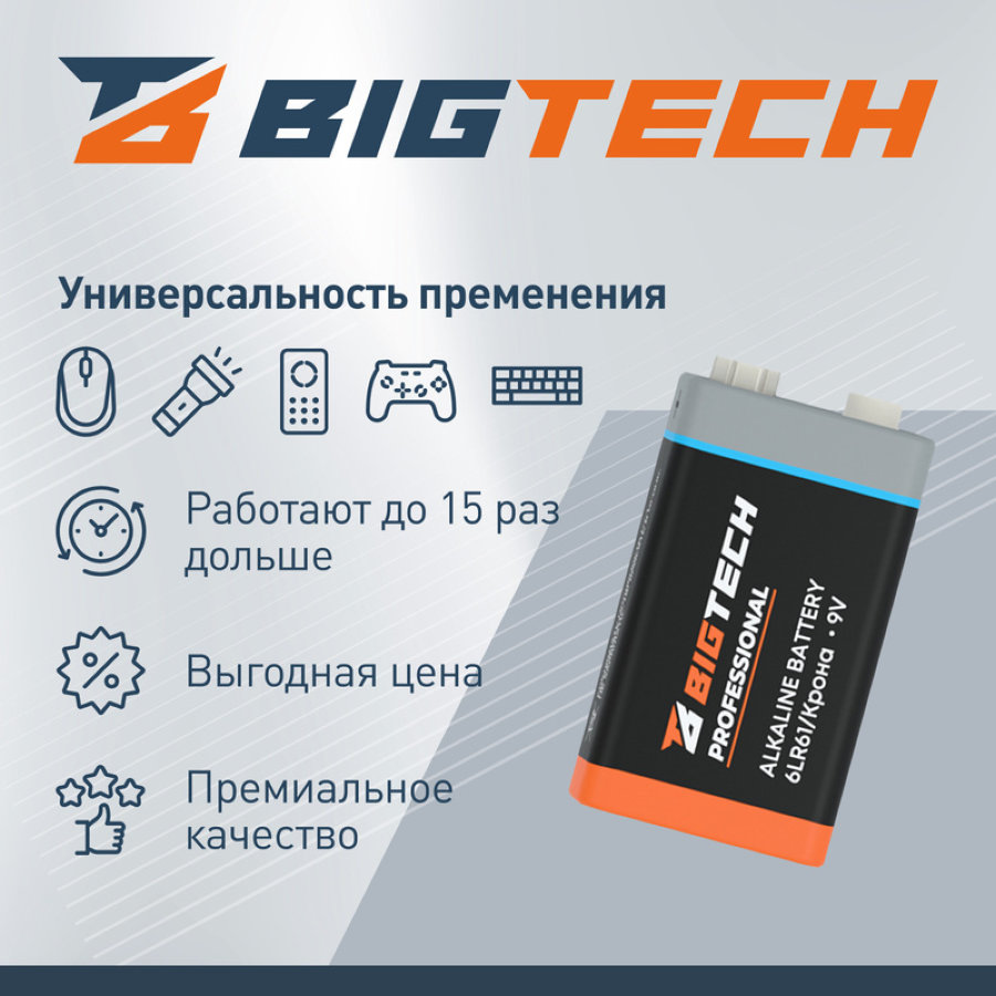 Батарейка BigTech Professional 6LR61/Крона 9V/1604A алкалин. бл/1шт