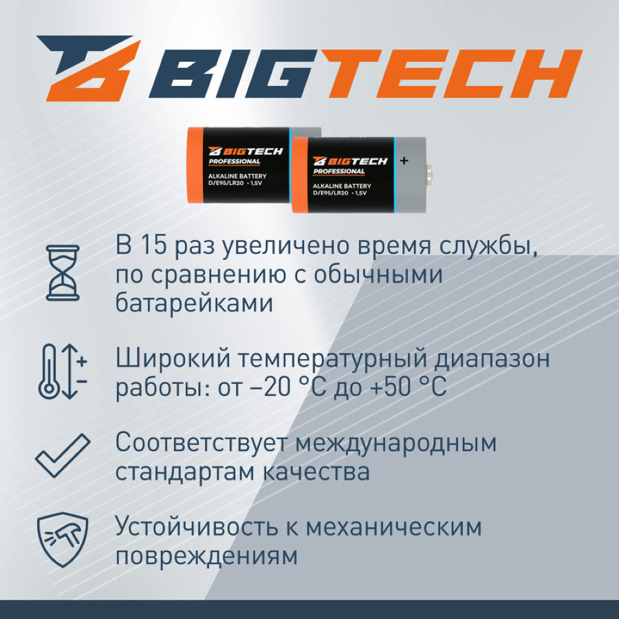 Батарейка BigTech Professional D LR20, 2 шт/уп