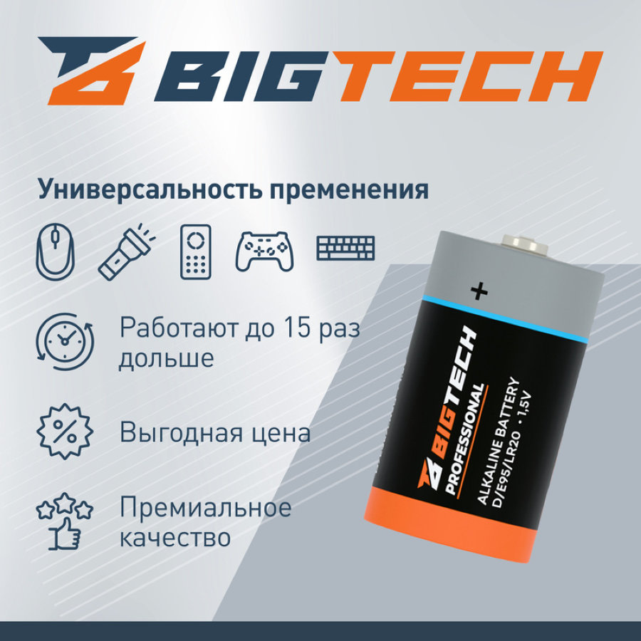Батарейка BigTech Professional D LR20, 2 шт/уп