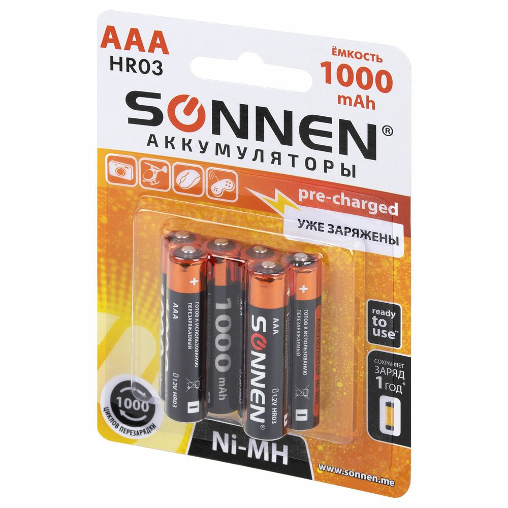 Батарейки аккумуляторные Ni-Mh мизинчиковые КОМПЛЕКТ 6 шт., AAA (HR03) 1000 mAh, SONNEN