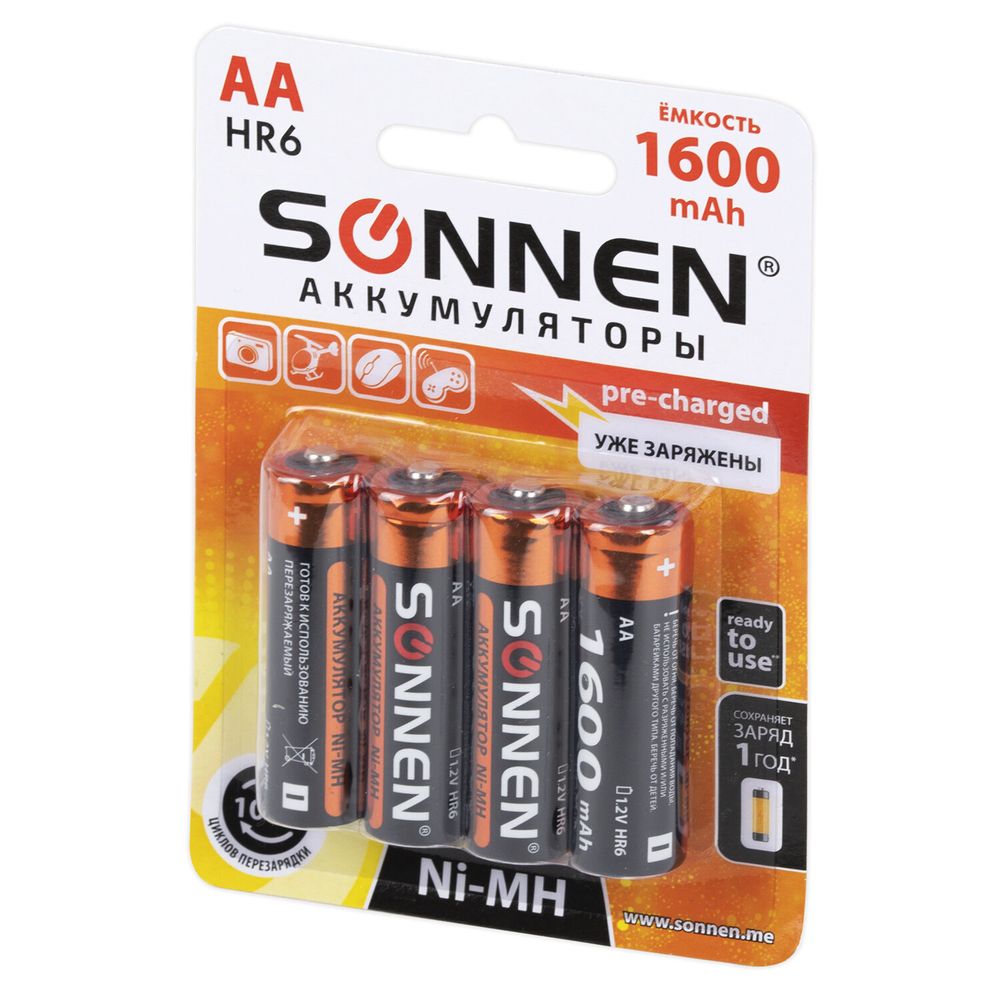 Батарейки аккумуляторные Ni-Mh пальчиковые КОМПЛЕКТ 4 шт., АА (HR6) 1600 mAh, SONNEN