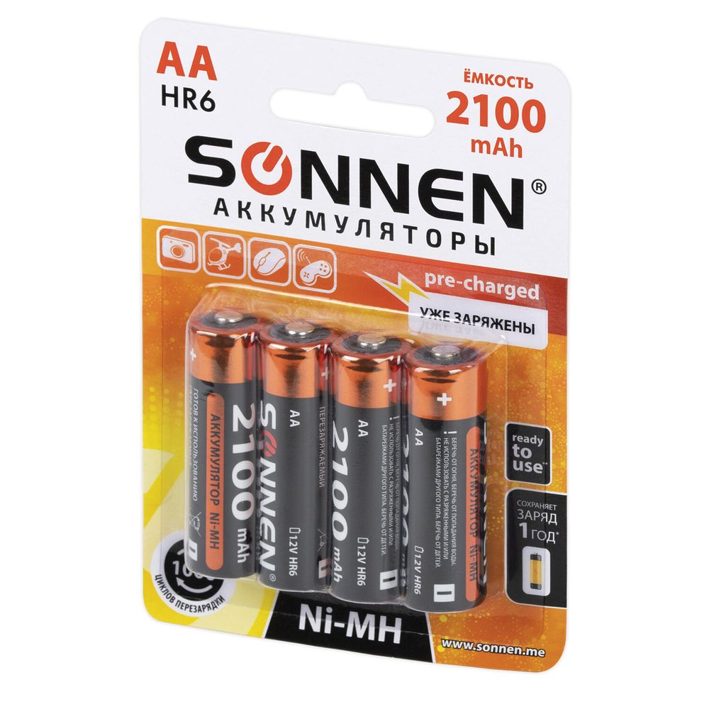 Батарейки аккумуляторные Ni-Mh пальчиковые КОМПЛЕКТ 4 шт., АА (HR6) 2100 mAh, SONNEN