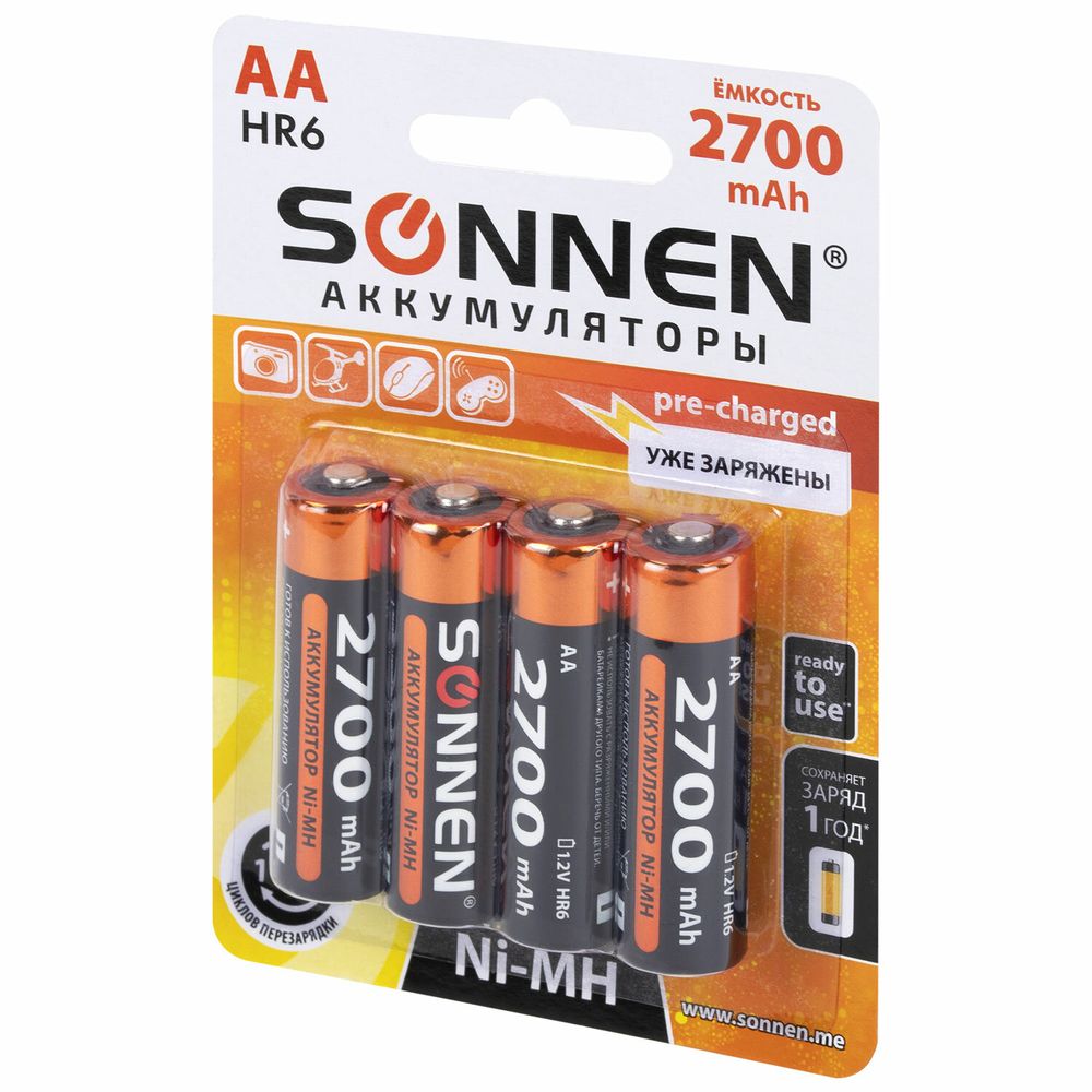 Батарейки аккумуляторные Ni-Mh пальчиковые КОМПЛЕКТ 4 шт., АА (HR6) 2700 mAh, SONNEN
