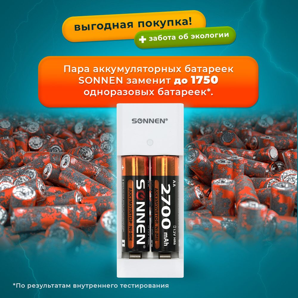 Зарядное устройство с аккумуляторами 2 шт. AA (HR6), 2700 mAh, SONNEN BC2, в блистере