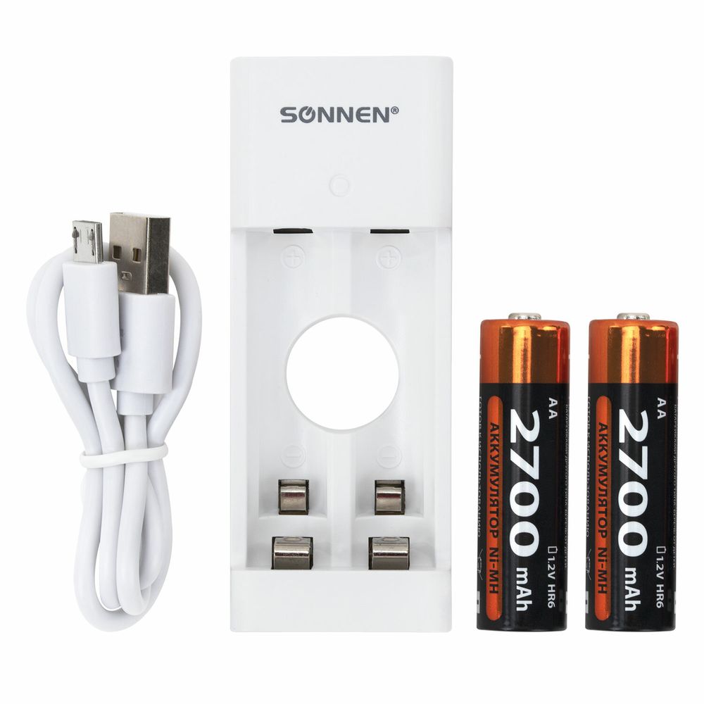 Зарядное устройство с аккумуляторами 2 шт. AA (HR6), 2700 mAh, SONNEN BC2, в блистере