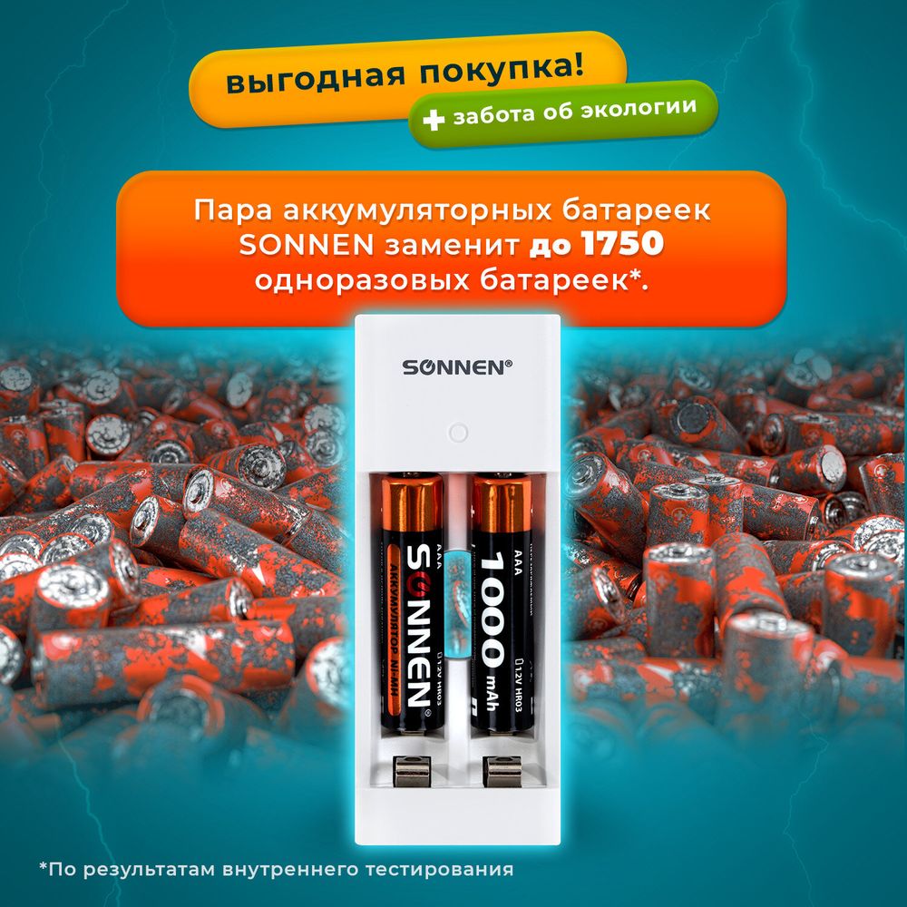 Зарядное устройство с аккумуляторами 2 шт. AAA (HR03), 1000 mAh, SONNEN BC2, в блистере