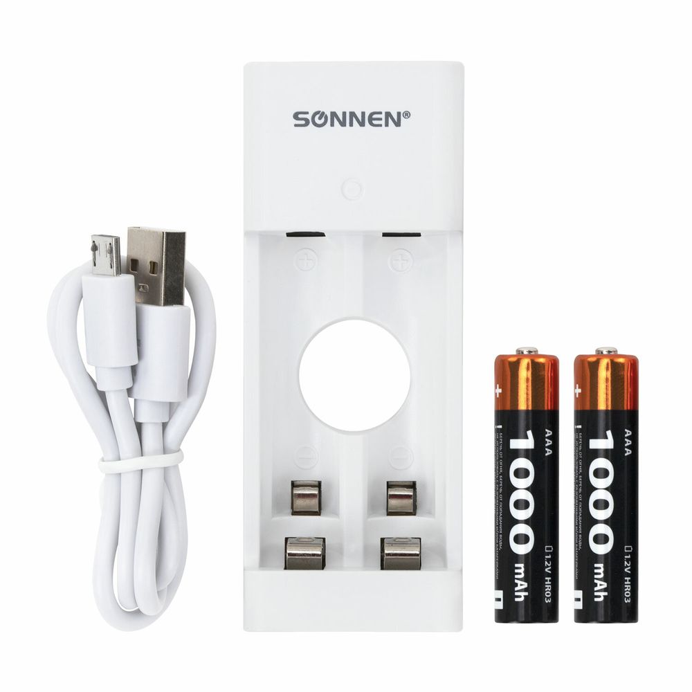Зарядное устройство с аккумуляторами 2 шт. AAA (HR03), 1000 mAh, SONNEN BC2, в блистере