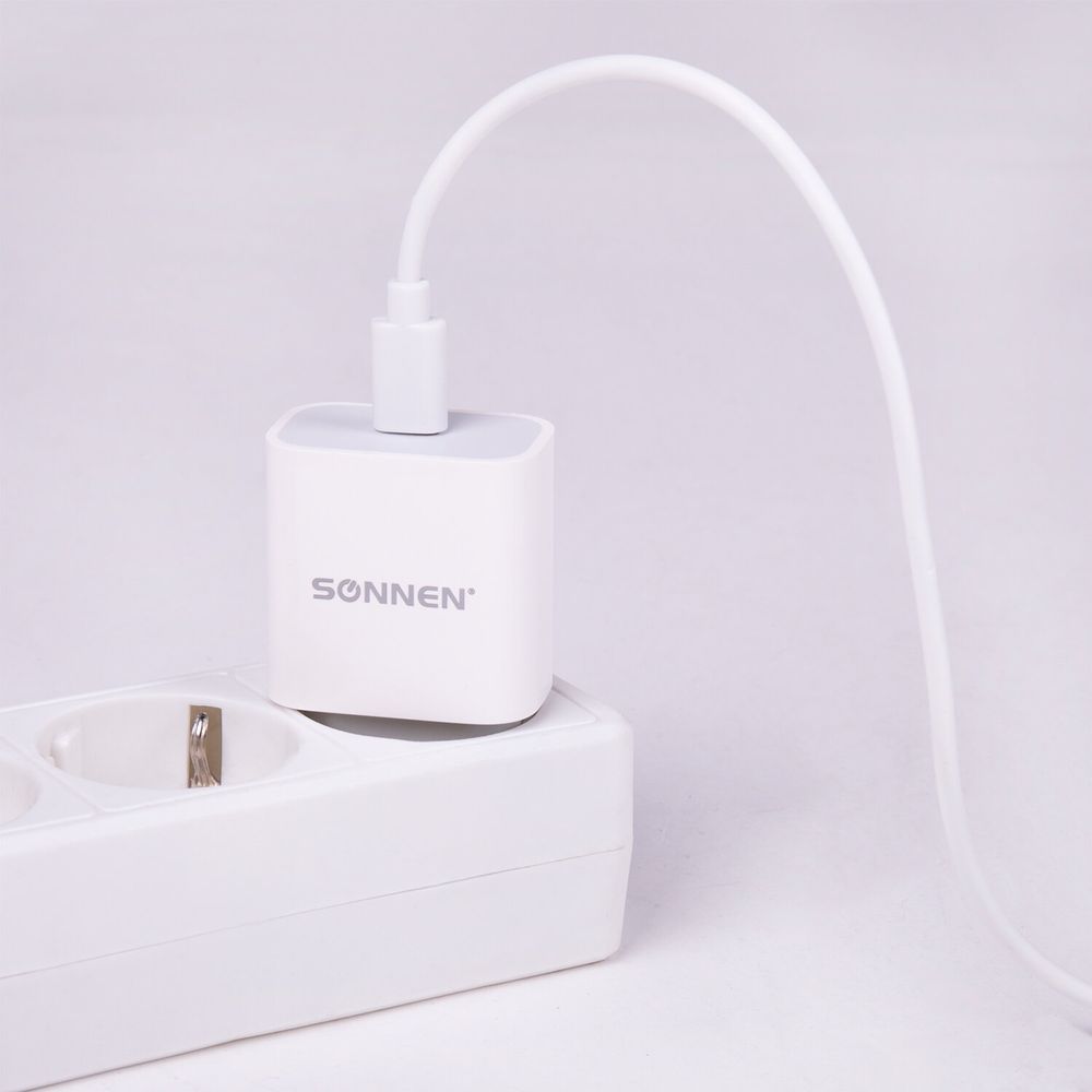 Зарядное устройство быстрое сетевое (220 В) SONNEN, Type-C PD 20 Вт, 3 A, белое