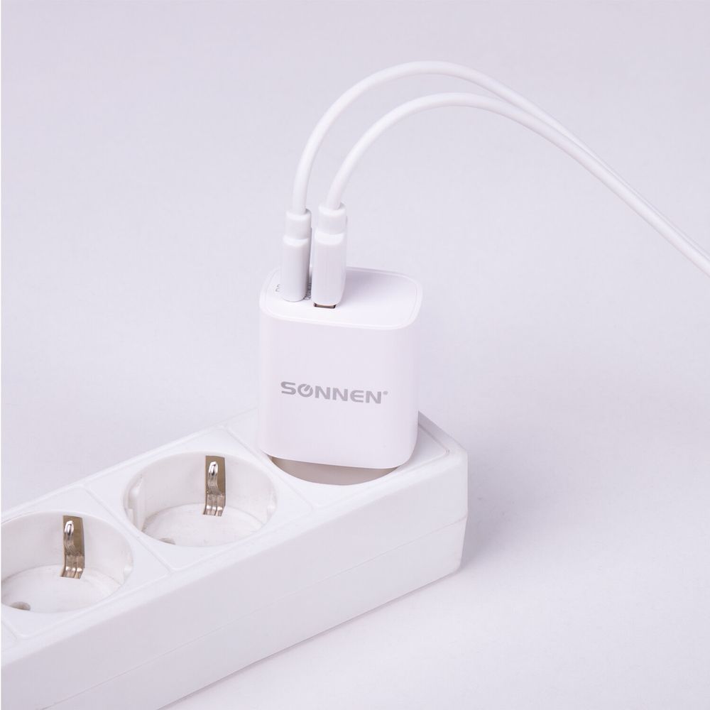 Зарядное устройство быстрое сетевое (220 В) SONNEN, USB QC 3.0 + Type-C PD 20 Вт, 3 А, белое