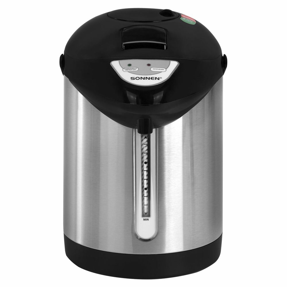 Термопот SONNEN TP-28, 3 л, 900 Вт, 1 температурный режим, ручной насос, сталь, черный/серебро