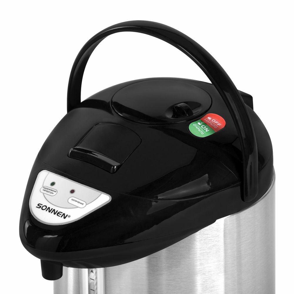 Термопот SONNEN TP-28, 3 л, 900 Вт, 1 температурный режим, ручной насос, сталь, черный/серебро