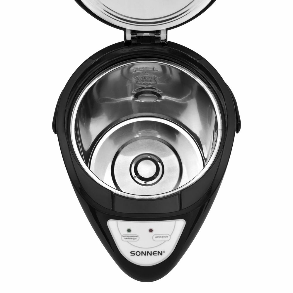 Термопот SONNEN TP-28, 3 л, 900 Вт, 1 температурный режим, ручной насос, сталь, черный/серебро