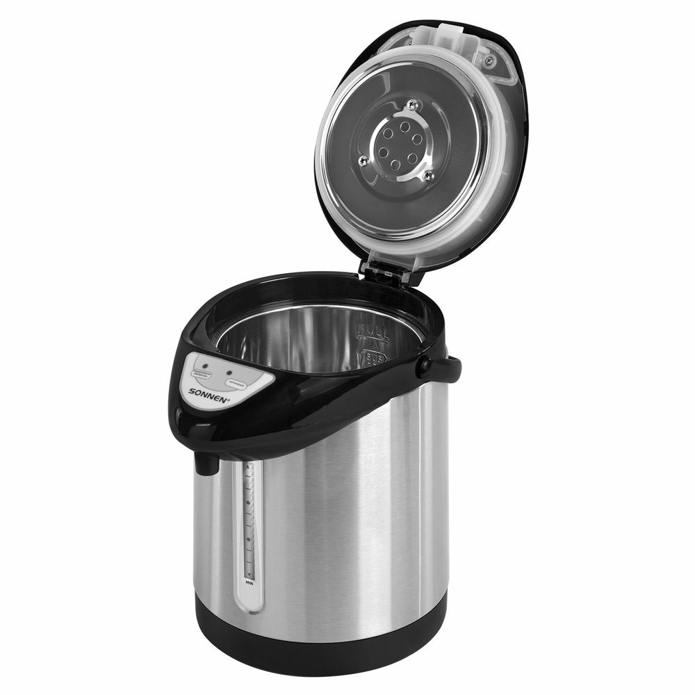 Термопот SONNEN TP-28, 3 л, 900 Вт, 1 температурный режим, ручной насос, сталь, черный/серебро