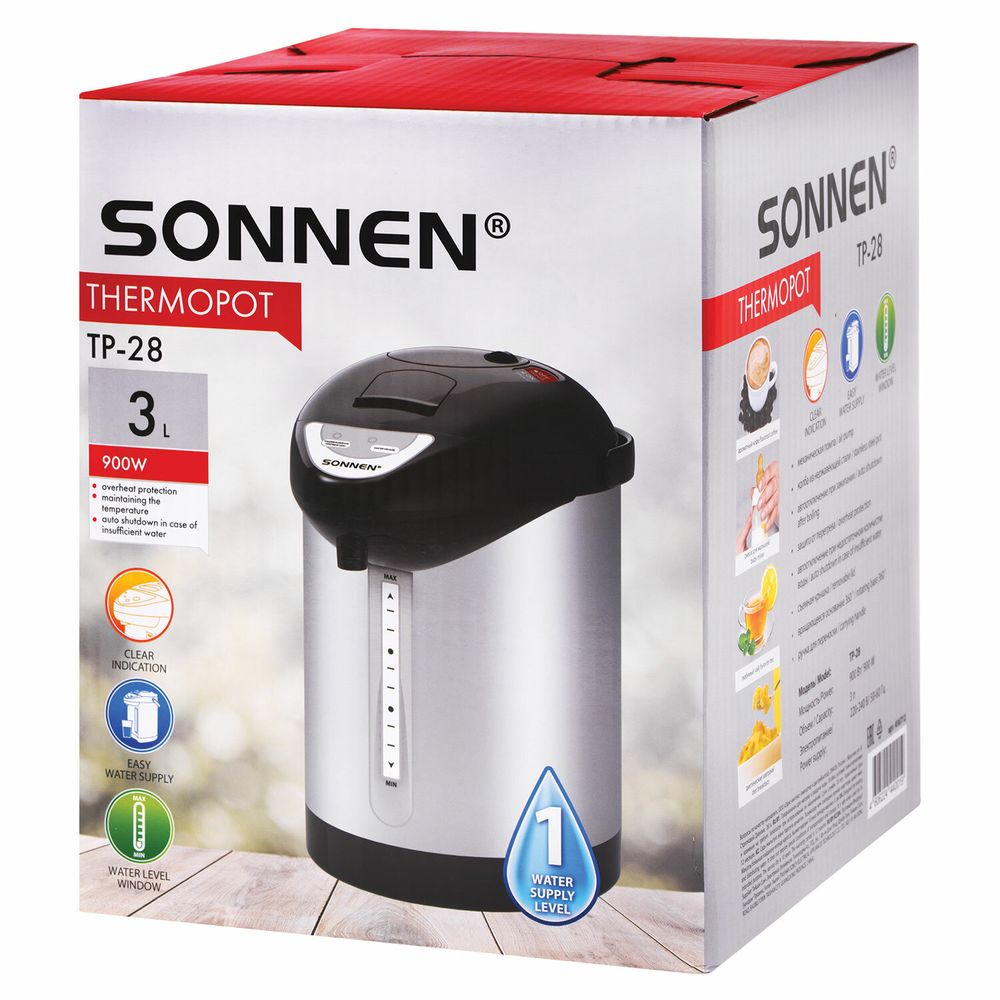 Термопот SONNEN TP-28, 3 л, 900 Вт, 1 температурный режим, ручной насос, сталь, черный/серебро