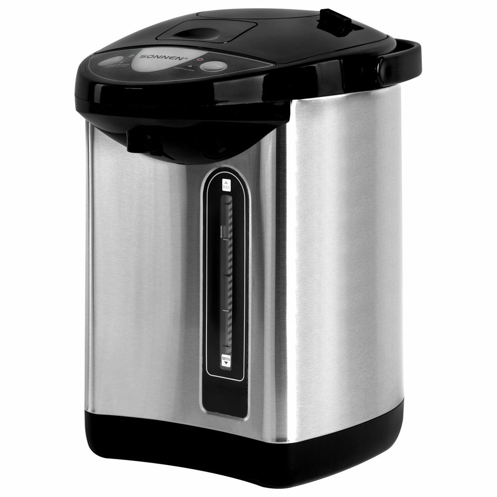 Термопот SONNEN TP-38, 4 л, 900 Вт, 1 температурный режим, 3 режима подачи воды, сталь, черный/серебро