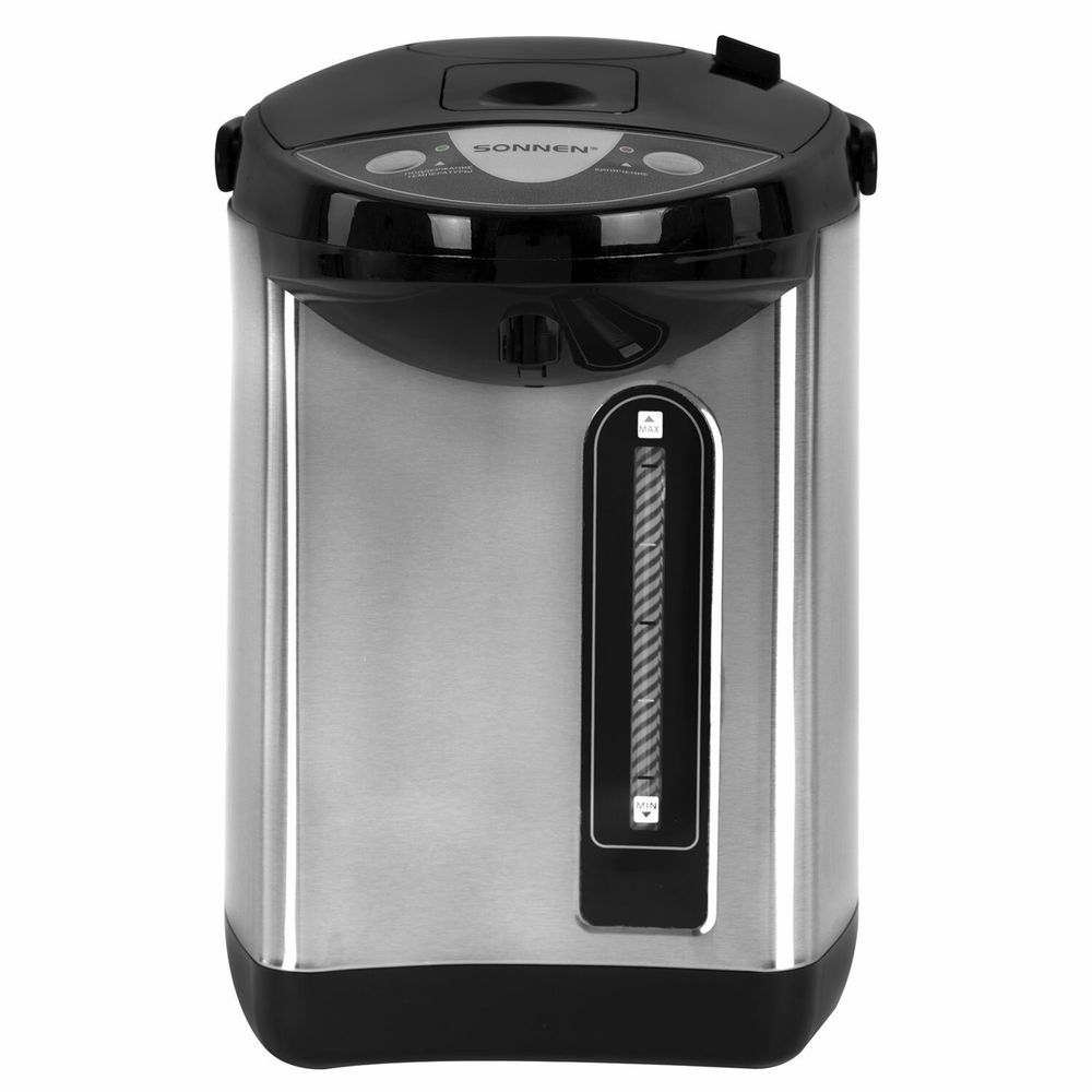 Термопот SONNEN TP-38, 4 л, 900 Вт, 1 температурный режим, 3 режима подачи воды, сталь, черный/серебро