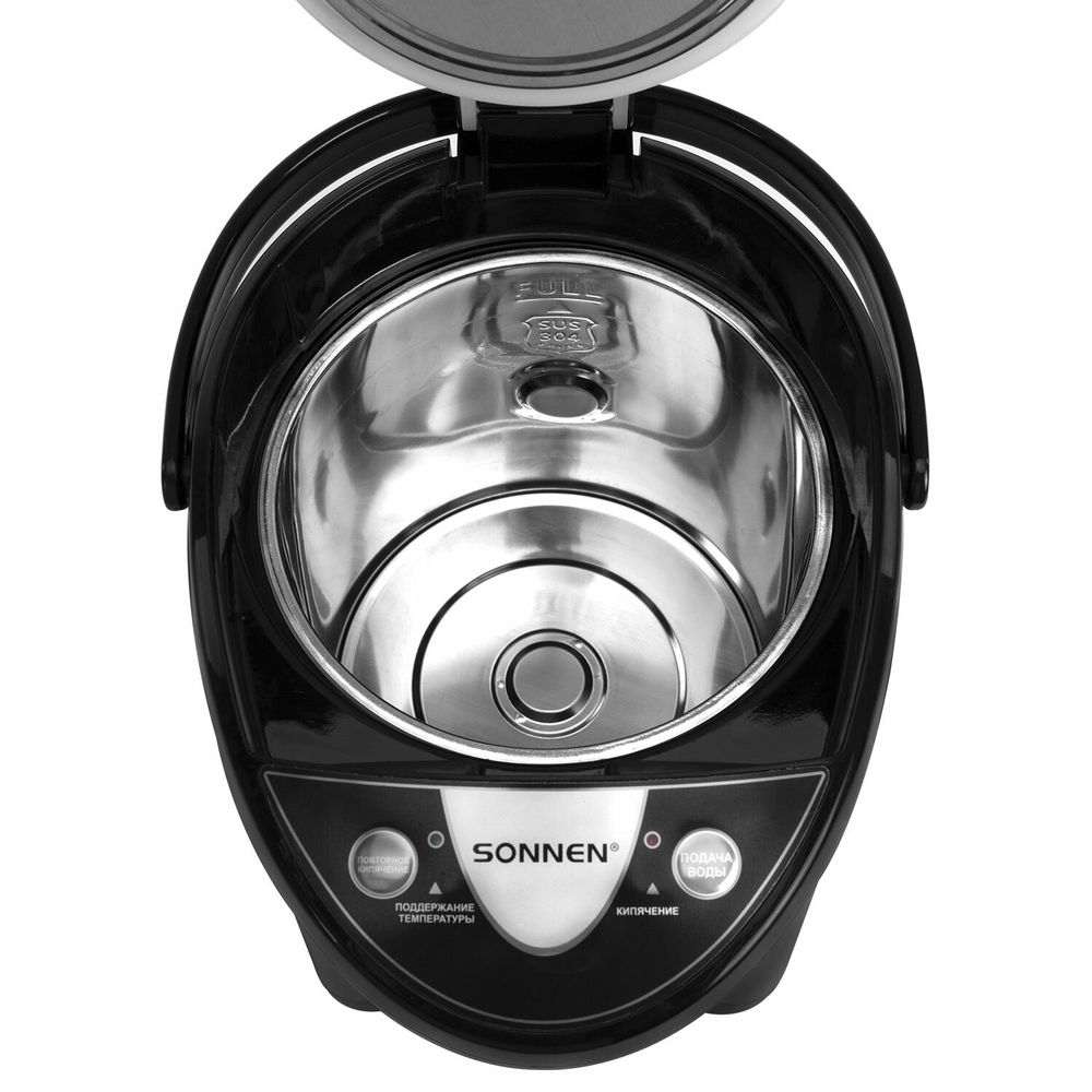 Термопот SONNEN TP-38, 4 л, 900 Вт, 1 температурный режим, 3 режима подачи воды, сталь, черный/серебро