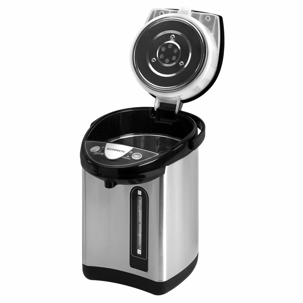 Термопот SONNEN TP-38, 4 л, 900 Вт, 1 температурный режим, 3 режима подачи воды, сталь, черный/серебро