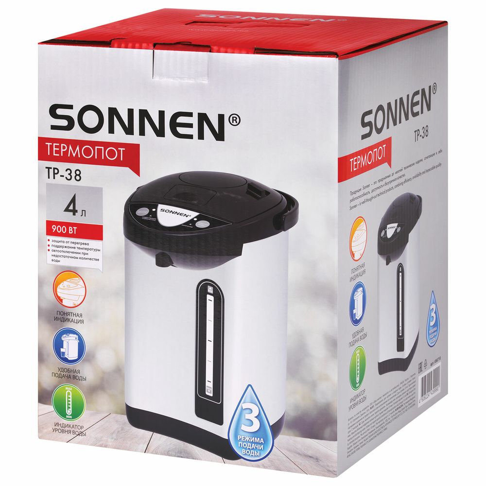 Термопот SONNEN TP-38, 4 л, 900 Вт, 1 температурный режим, 3 режима подачи воды, сталь, черный/серебро