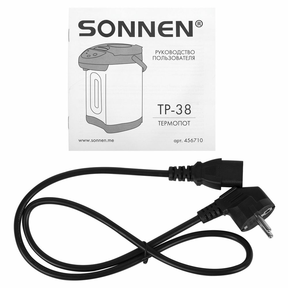 Термопот SONNEN TP-38, 4 л, 900 Вт, 1 температурный режим, 3 режима подачи воды, сталь, черный/серебро