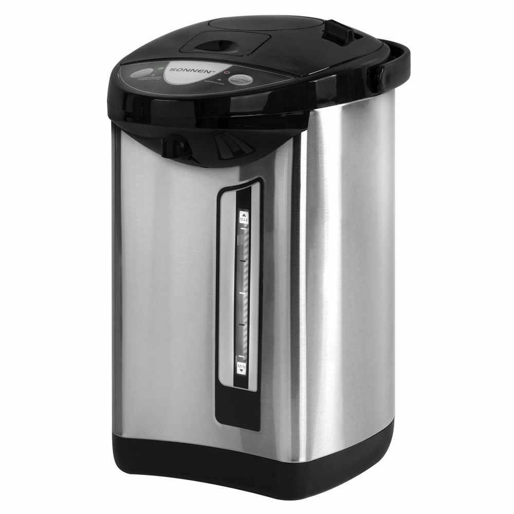 Термопот SONNEN TP-50, 5 л, 900 Вт, 1 температурный режим, 3 режима подачи воды, сталь, белый/серебро