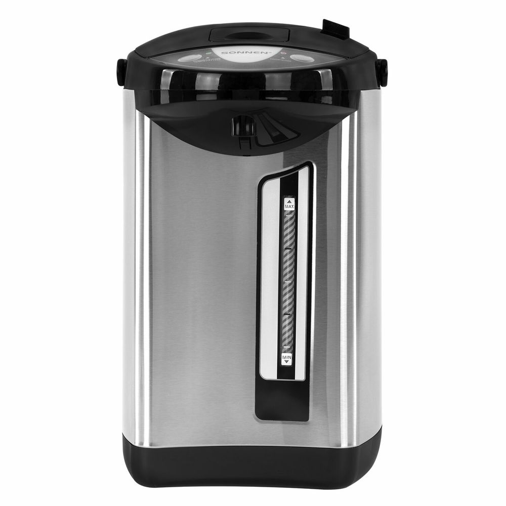 Термопот SONNEN TP-50, 5 л, 900 Вт, 1 температурный режим, 3 режима подачи воды, сталь, белый/серебро