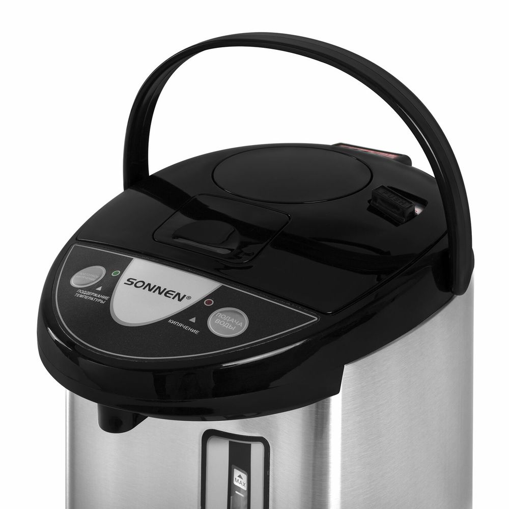Термопот SONNEN TP-50, 5 л, 900 Вт, 1 температурный режим, 3 режима подачи воды, сталь, белый/серебро
