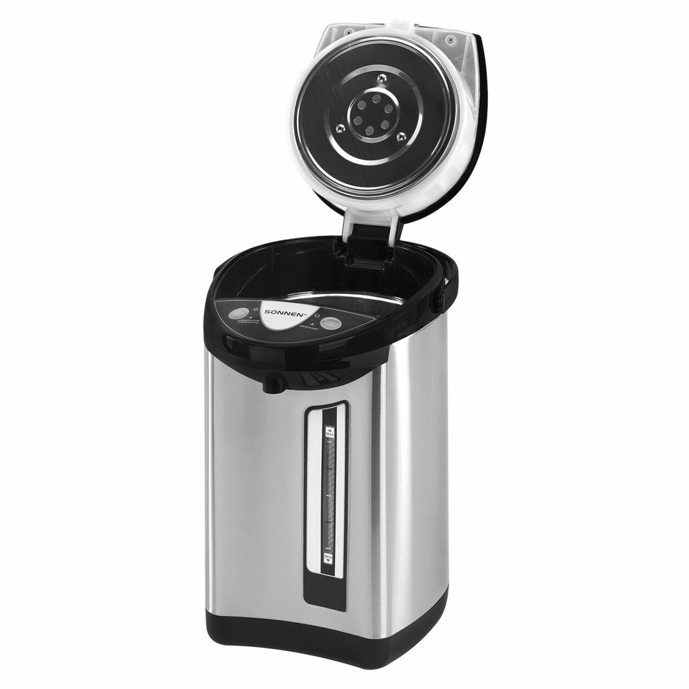 Термопот SONNEN TP-50, 5 л, 900 Вт, 1 температурный режим, 3 режима подачи воды, сталь, белый/серебро