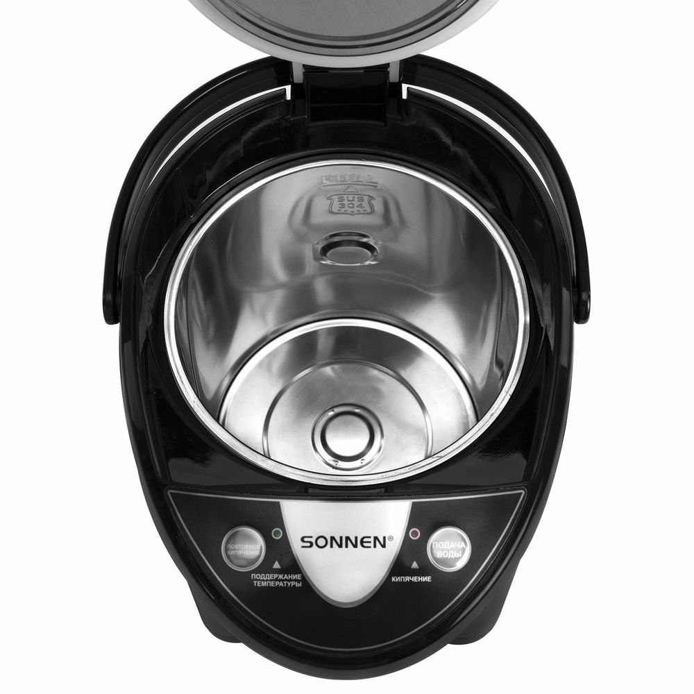 Термопот SONNEN TP-50, 5 л, 900 Вт, 1 температурный режим, 3 режима подачи воды, сталь, белый/серебро