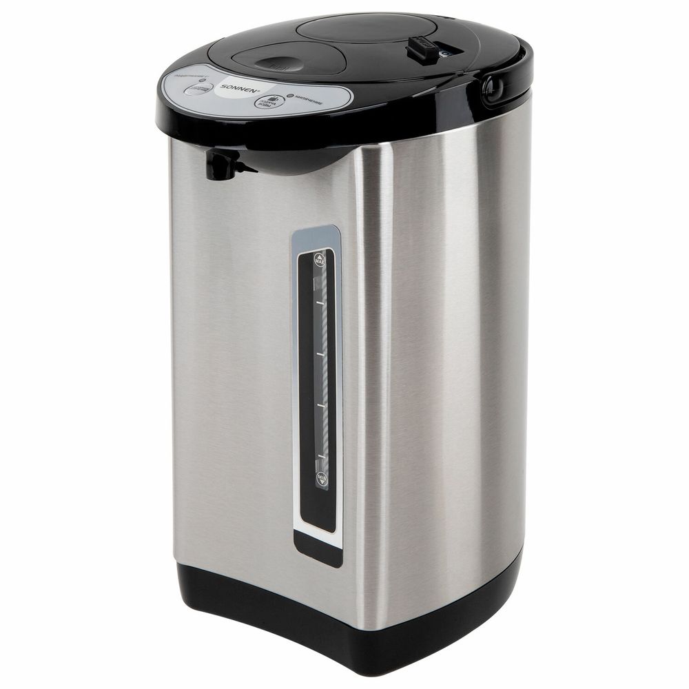 Термопот SONNEN TP-60, 6 л, 900 Вт, 1 температурный режим, 3 режима подачи воды, сталь, черный/серебро