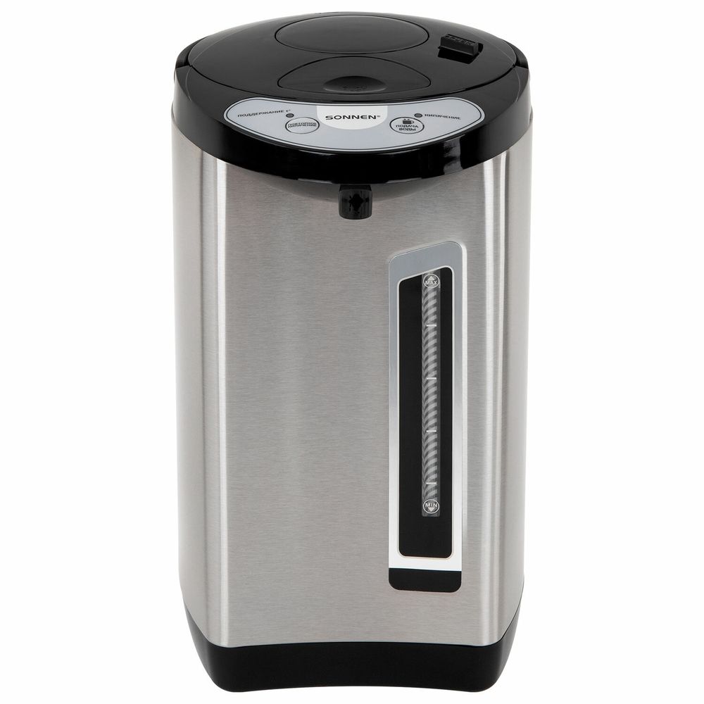 Термопот SONNEN TP-60, 6 л, 900 Вт, 1 температурный режим, 3 режима подачи воды, сталь, черный/серебро