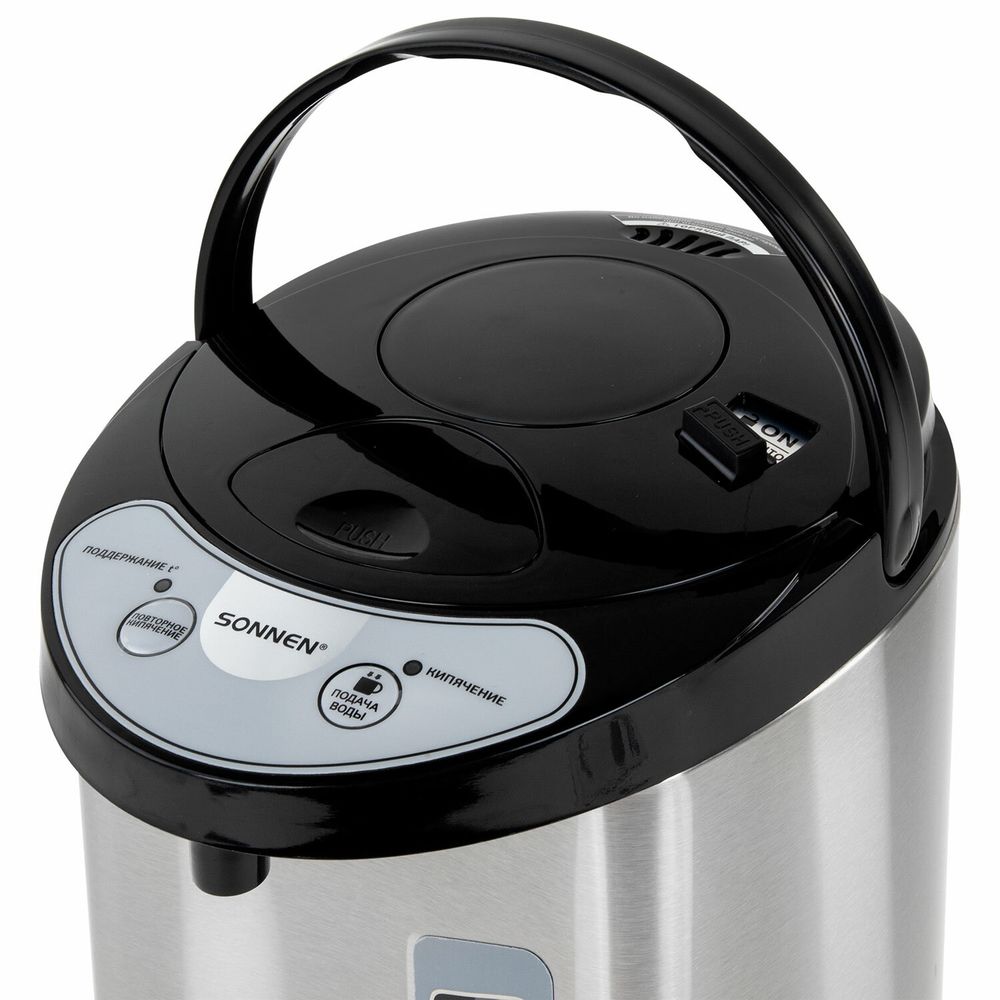Термопот SONNEN TP-60, 6 л, 900 Вт, 1 температурный режим, 3 режима подачи воды, сталь, черный/серебро