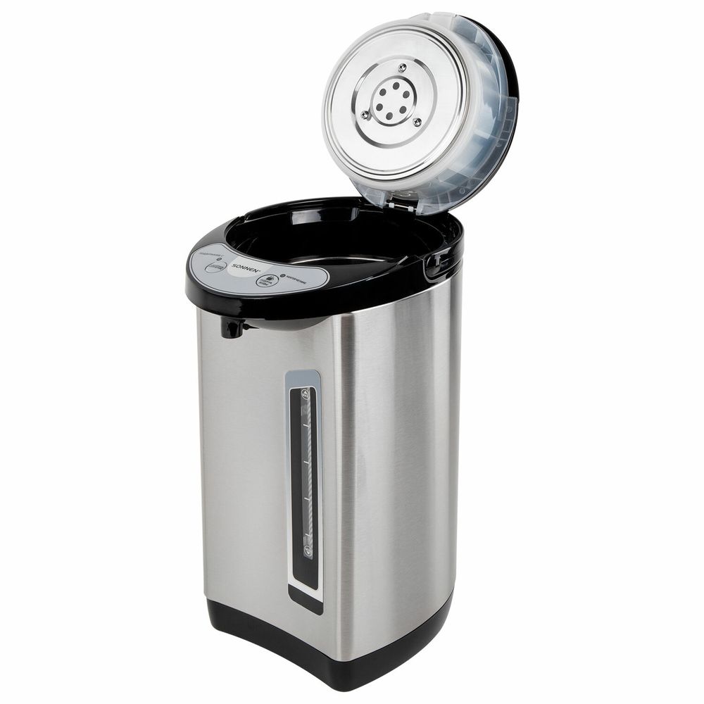 Термопот SONNEN TP-60, 6 л, 900 Вт, 1 температурный режим, 3 режима подачи воды, сталь, черный/серебро