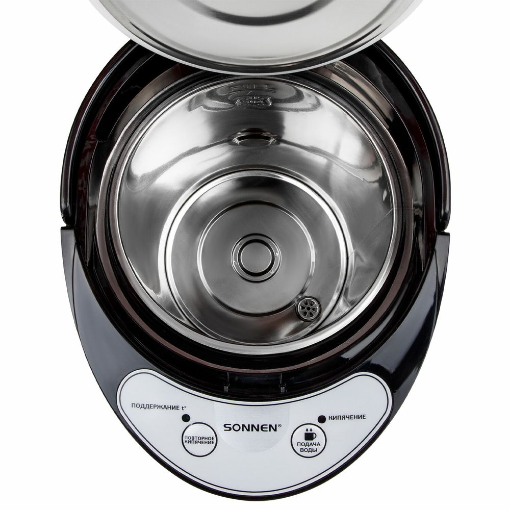 Термопот SONNEN TP-60, 6 л, 900 Вт, 1 температурный режим, 3 режима подачи воды, сталь, черный/серебро