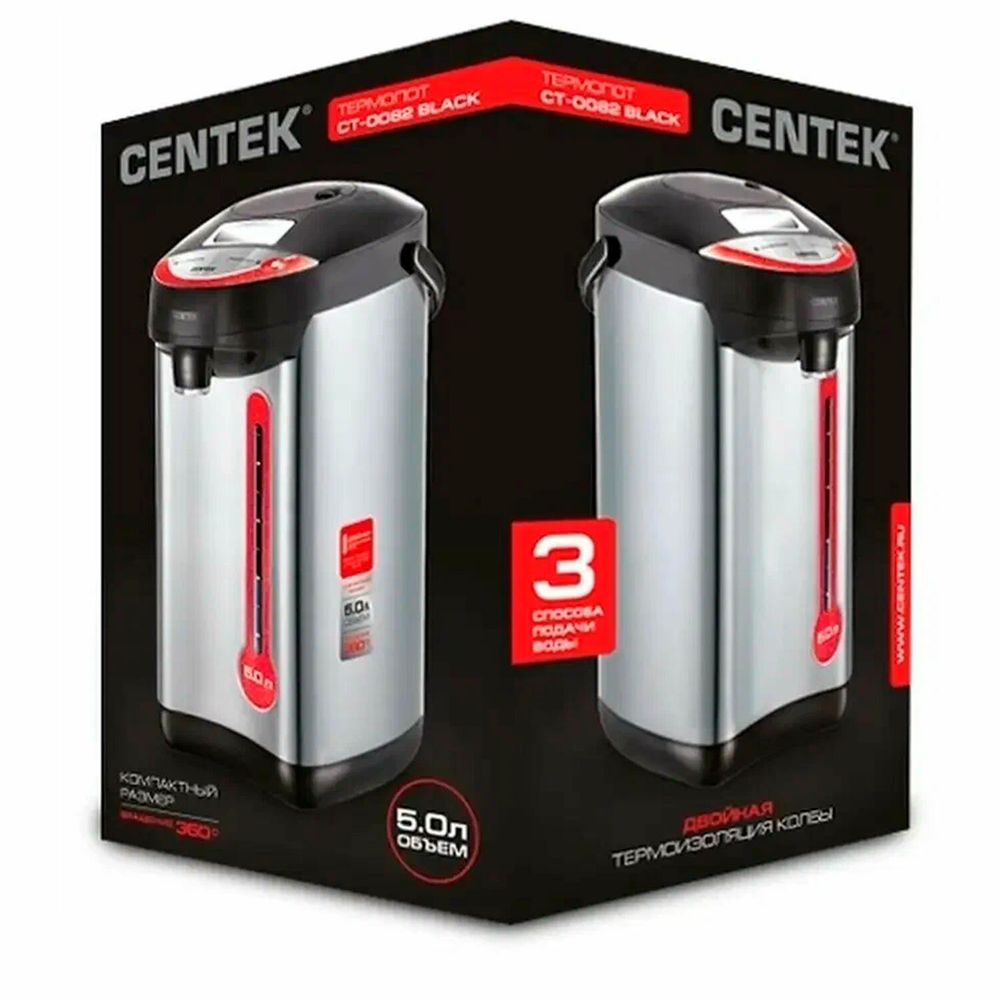 Термопот на 5 литров, 3 режима подачи воды, CENTEK CT-0082, 850 Вт, 1 температурный режим, пластик/сталь, черный