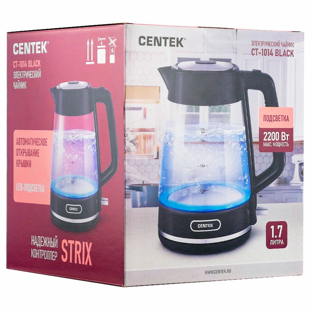Чайник CENTEK CT-1014, 1,7 л, 2200 Вт, закрытый нагревательный элемент, стекло, черный