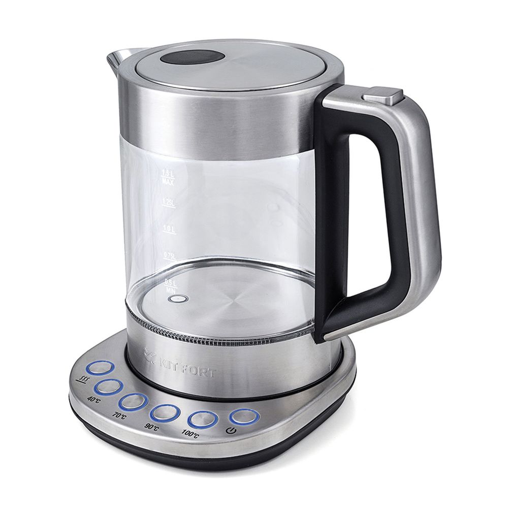 Чайник KITFORT КТ-616, 1,5 л, 2200 Вт, закрытый нагревательный элемент, ТЕРМОРЕГУЛЯТОР, стекло, серебристый