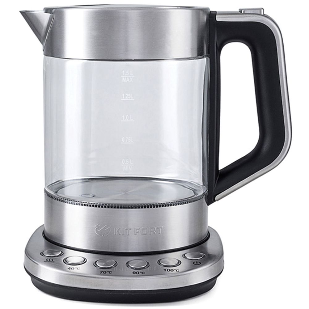 Чайник KITFORT КТ-616, 1,5 л, 2200 Вт, закрытый нагревательный элемент, ТЕРМОРЕГУЛЯТОР, стекло, серебристый