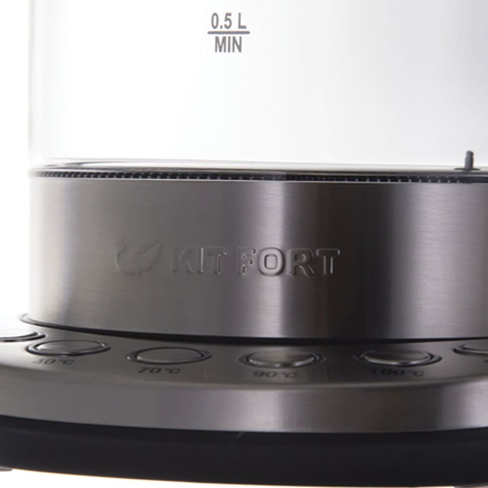 Чайник KITFORT КТ-616, 1,5 л, 2200 Вт, закрытый нагревательный элемент, ТЕРМОРЕГУЛЯТОР, стекло, серебристый