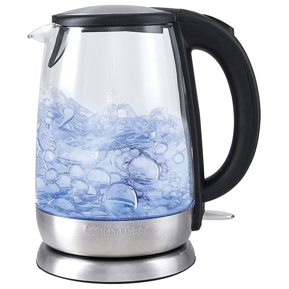 Чайник KITFORT КТ-619, 1,7 л, 2200 Вт, закрытый нагревательный элемент, стекло, серебристый
