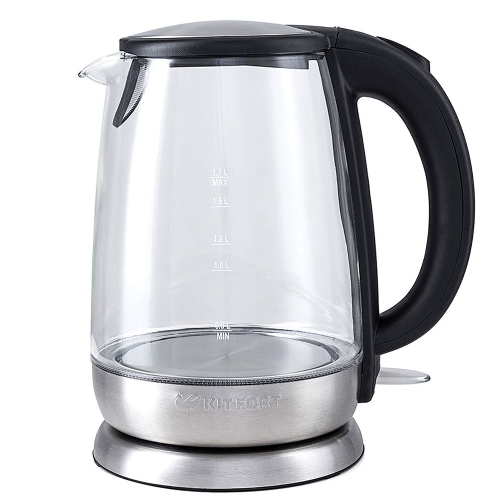 Чайник KITFORT КТ-619, 1,7 л, 2200 Вт, закрытый нагревательный элемент, стекло, серебристый