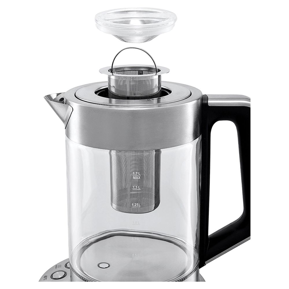 Чайник KITFORT КТ-622, 1,7 л, 2200 Вт, закрытый нагревательный элемент, ТЕРМОРЕГУЛЯТОР, заварник, стекло, серебро