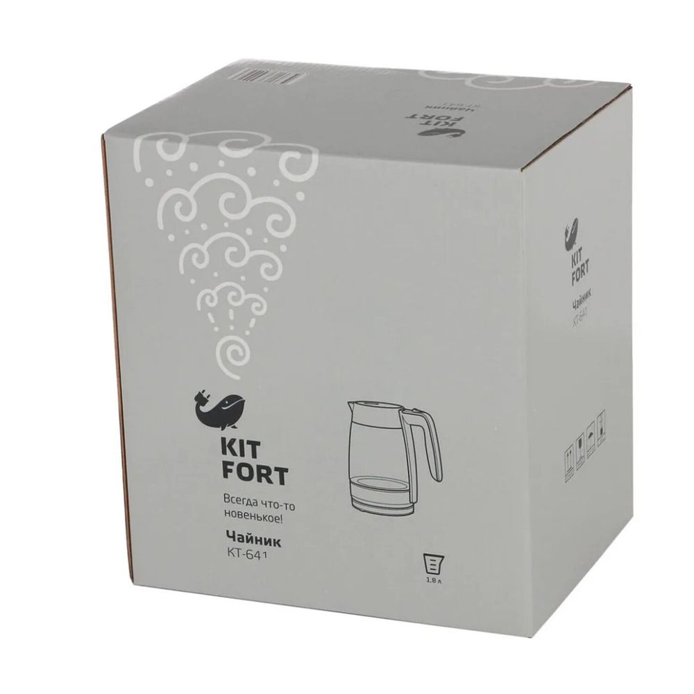 Чайник KITFORT КТ-641, 1,8 л, 2200 Вт, закрытый нагревательный элемент, стекло, серебристый