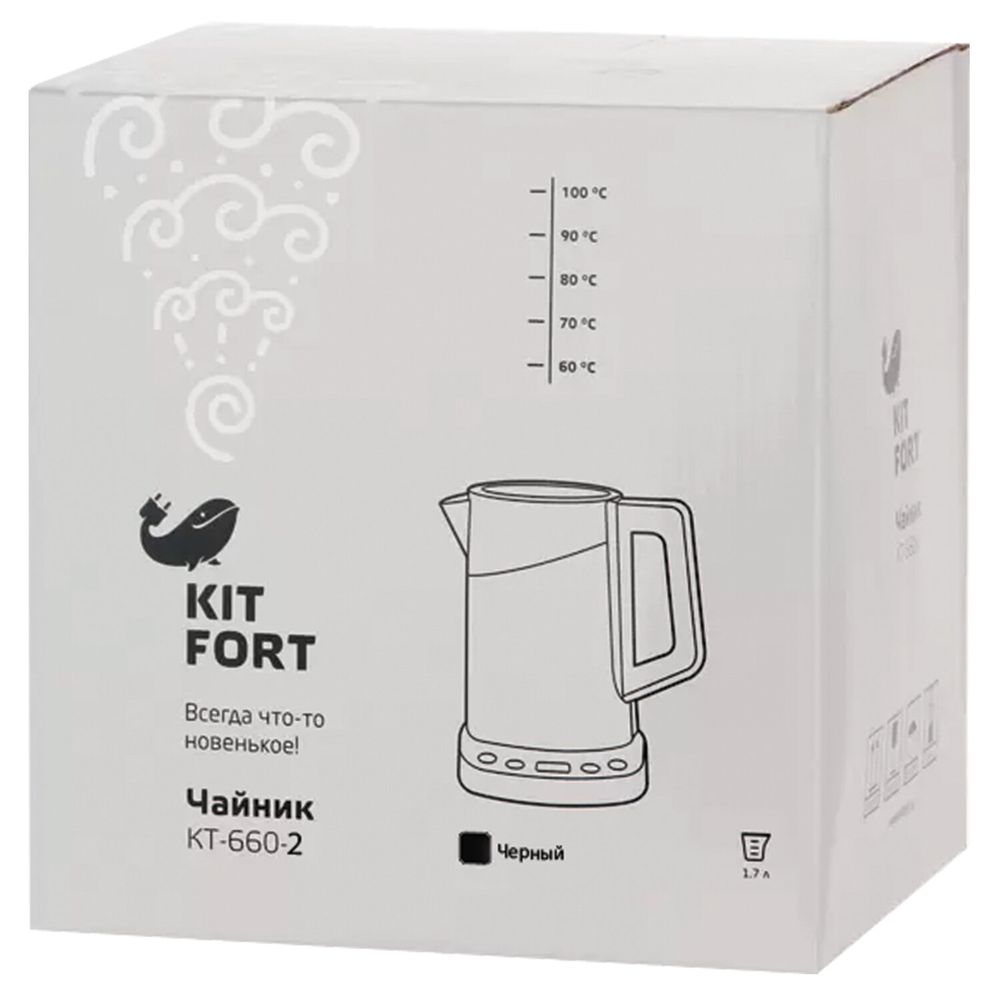 Чайник KITFORT КТ-660-2, 1,7 л, 2200 Вт, закрытый нагревательный элемент, ТЕРМОРЕГУЛЯТОР, двойные стенки, черный