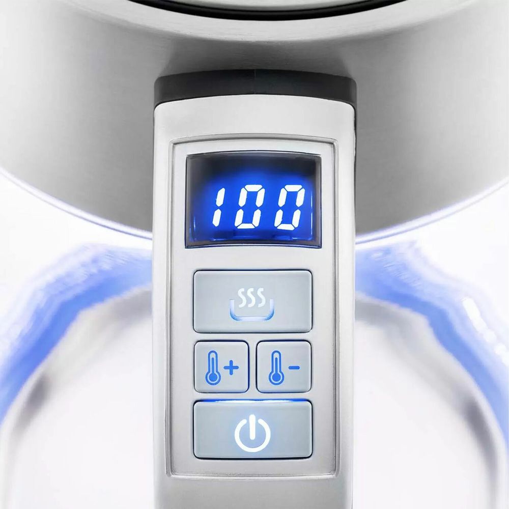 Чайник KITFORT КТ-690, 1,7 л, 2200 Вт, закрытый нагревательный элемент, LED дисплей, ТЕРМОРЕГУЛЯТОР, стекло, серебро