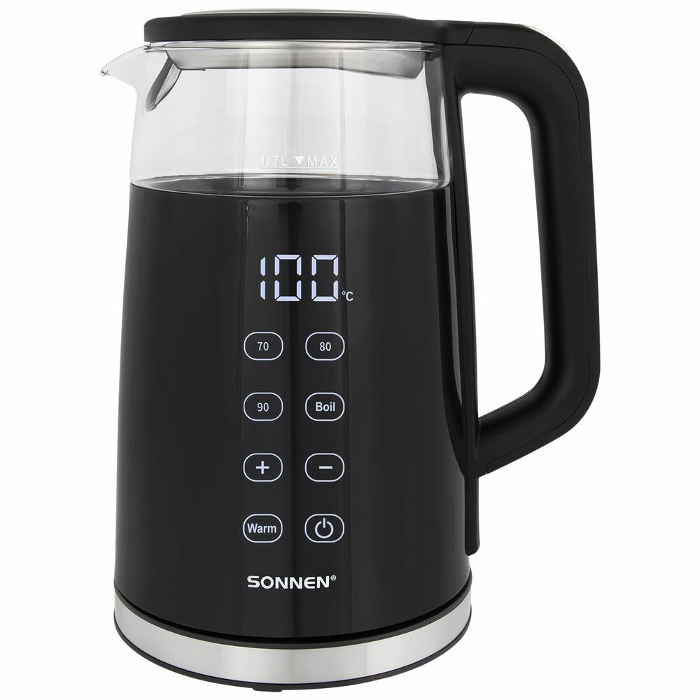 Чайник с терморегулятором и дисплеем, ДВОЙНЫЕ СТЕНКИ, SONNEN KT-8717, 1,7 л, 2200 Вт, черный