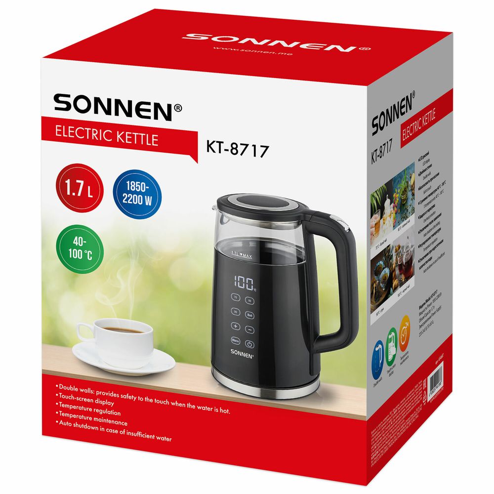 Чайник с терморегулятором и дисплеем, ДВОЙНЫЕ СТЕНКИ, SONNEN KT-8717, 1,7 л, 2200 Вт, черный