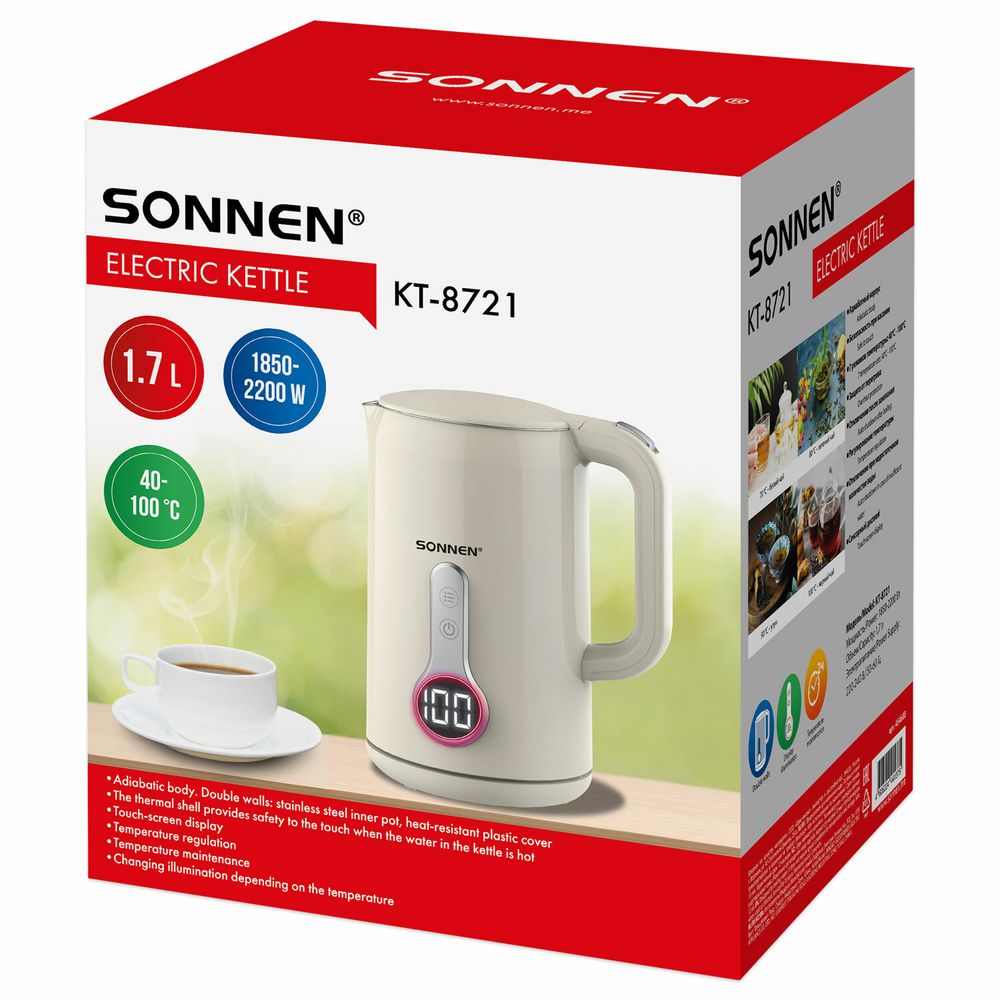 Чайник с терморегулятором и дисплеем, ДВОЙНЫЕ СТЕНКИ, SONNEN KT-8721, 1,7 л, 2200 Вт, бежевый