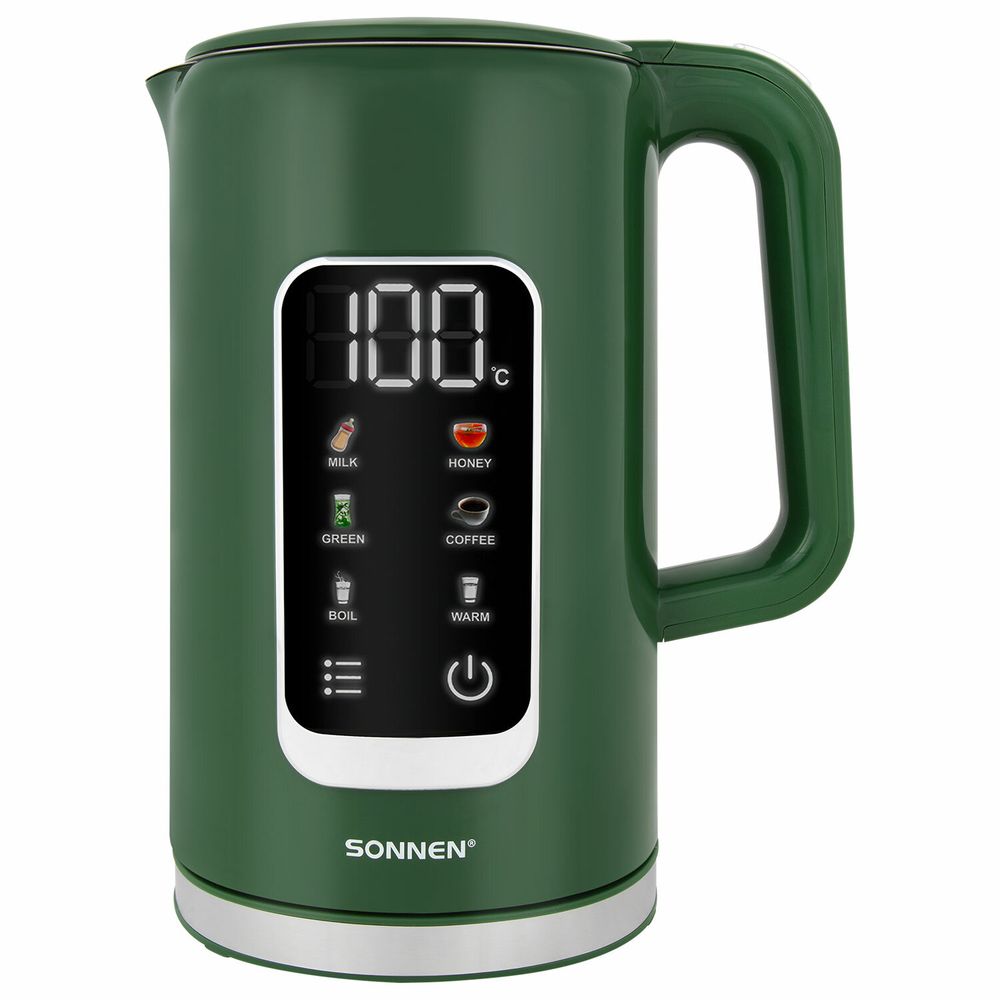 Чайник с терморегулятором и дисплеем, ДВОЙНЫЕ СТЕНКИ, SONNEN KT-8723EG, 1,7 л, 2200 Вт, изумрудный
